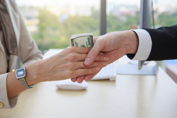 Closeup businessman and businesswoman shaking hands with money inside in partnership agreement 