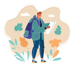 Illustration of tourist man with map in her hands.