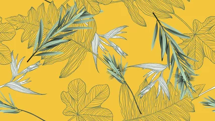Poster Foliage seamless pattern, bottle brush leaves and line art ink drawing leaves in green on yellow © momosama
