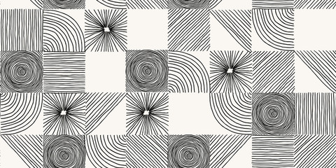 Abstract seamless pattern, various line art ink drawing in black on light grey