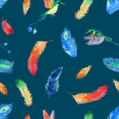 Watercolor summer seamless pattern with bright tropical feathers and hummingbirds on blue background