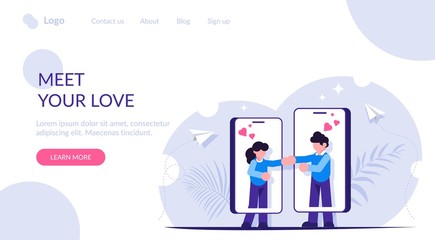 Website or dating app concept. Meet your love. People find and communicate with each other through phones. Modern metaphor. Landing web page template.