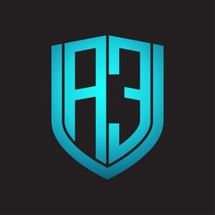 AE Logo monogram with emblem shield design isolated with blue colors on black background