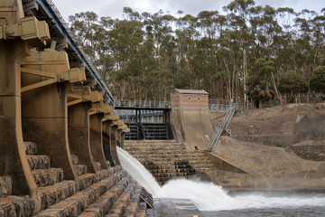 Goulburn Weir, Victoria Australia, originally made from granite stone blocks and concrete. part of...