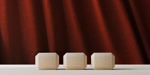 Minimal background for branding and product presentation. Beige fabric podiums and red fabric background. 3d rendering illustration.