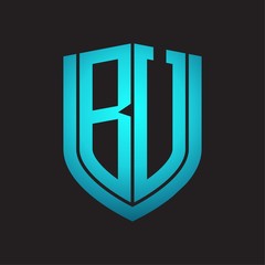 BU Logo monogram with emblem shield design isolated with blue colors on black background