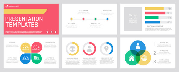 Set of yellow, red, turquoise and blue elements for multipurpose presentation template slides with graphs and charts.