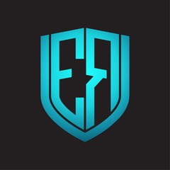 ER Logo monogram with emblem shield design isolated with blue colors on black background