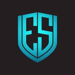 ES Logo monogram with emblem shield design isolated with blue colors on black background