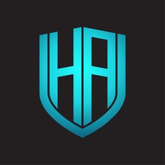 HA Logo monogram with emblem shield design isolated with blue colors on black background