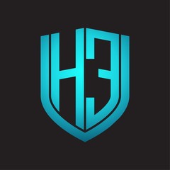 HE Logo monogram with emblem shield design isolated with blue colors on black background