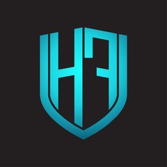 HF Logo monogram with emblem shield design isolated with blue colors on black background