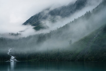 Highland creek flows through forest and flows into mountain lake. Ghostly foggy landscape with...