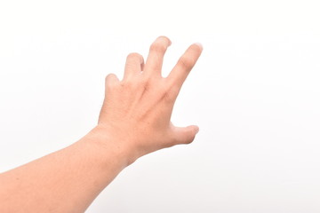 Man's hand to something isolated on white background.