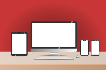 New Technology Equipments on Wooden Table and Red wall Background. White Screen for Mockup.