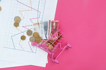 Shopping cart with money and documents on color background