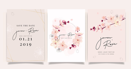 sherry blossom Summer Flower Wedding Invitation set, floral invite thank you, rsvp modern card Design in pink leaf greenery  branches with blue background decorative Vector elegant rustic template