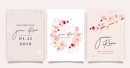 Fotobehang sherry blossom Summer Flower Wedding Invitation set, floral invite thank you, rsvp modern card Design in pink leaf greenery  branches with blue background decorative Vector elegant rustic template © babeer