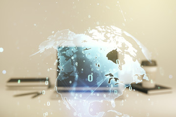 Abstract creative coding illustration with world map on modern computer background, international software development concept. Multiexposure