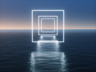 Geometric neon light portal on the sea. 3d rendering - illustration.