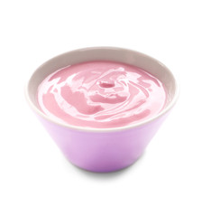Bowl with tasty yogurt on white background