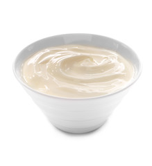 Bowl with tasty yogurt on white background