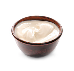 Bowl with tasty yogurt on white background