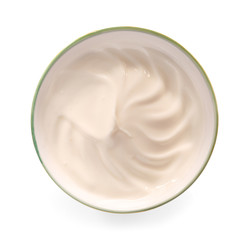 Bowl with tasty yogurt on white background