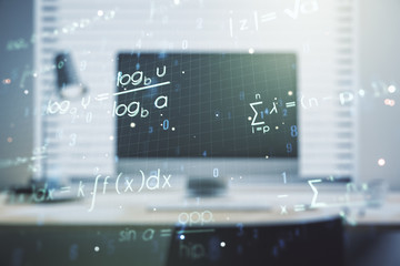 Creative scientific formula concept on modern laptop background. Multiexposure
