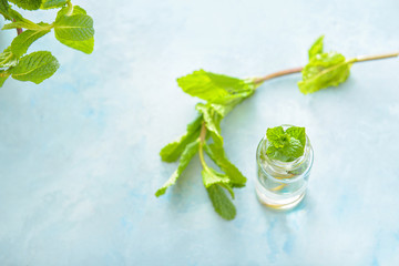 Bottle of mint essential oil on table