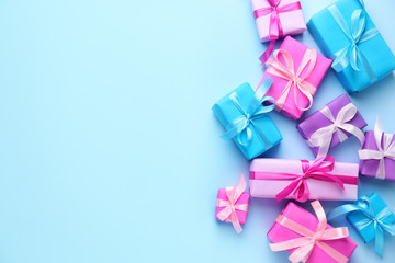 Many Birthday gifts on color background