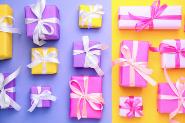 Many Birthday gifts on color background