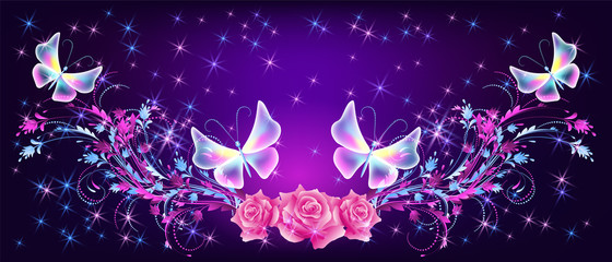 Flying fantasy butterflies with roses and sparkle stars