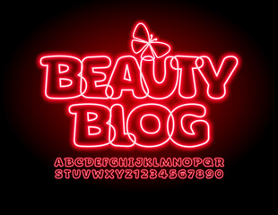 Vector neon banner Beauty Blog with decorative Butterfly. Red Neon Font. Glowing Alphabet Letters and Numbers