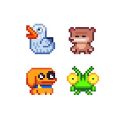 Cute animals pixel art icons set, mosaic design, duck, bear, frog, doggy, isolated vector flat style illustration. Design for stickers, logo, embroidery and mobile app. Video game assets 8-bit.