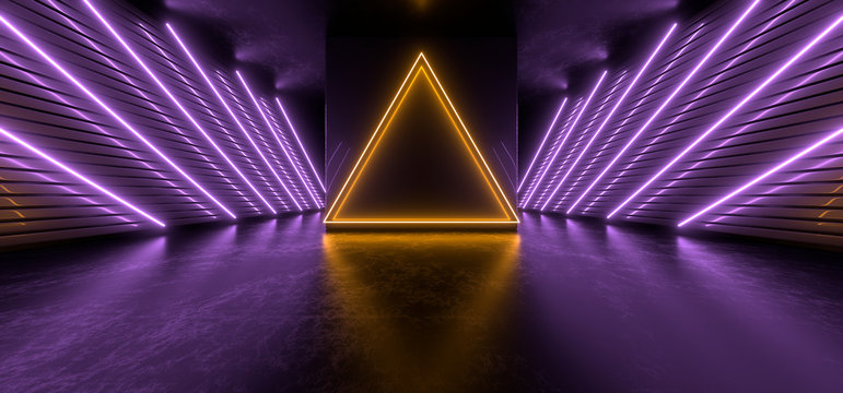 Dark hall with bright colored neon lights on a black background. 3d rendering image. © Andrey Shtepa