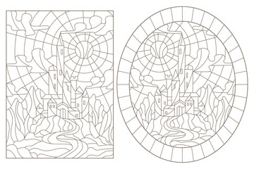 Set contour illustration of stained glass of landscapes with ancient castles, dark outlines on a white background