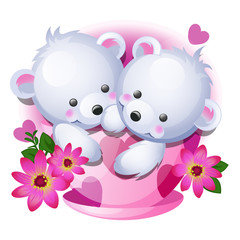 Cute gift or a sketch for a card with little fluffy bears in a porcelain cup with pink flowers isolated on white background. Vector cartoon close-up illustration.