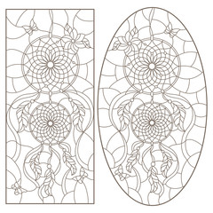 Set of outline illustrations of stained glass Windows with dream catchers and butterflies, dark outline on white background