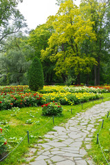 St. Petersburg in the summer. A beautiful city park with bright flower beds of yellow and red dahlias on Elagin Island. Park landscape with paved paths, natural background