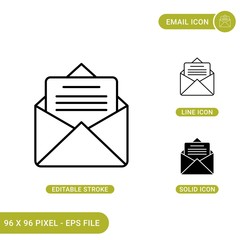 Email icons set vector illustration with solid icon line style. Envelope letter concept. Editable stroke icon on isolated background for web design, infographic and UI mobile app.