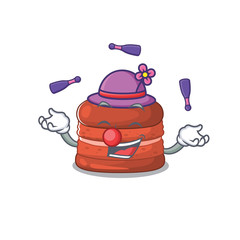 A sweet cherry macaron mascot cartoon style playing Juggling