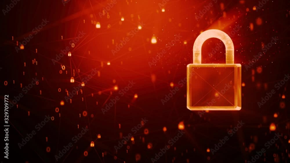 Poster 3d lock icon with random 0 1 binary digit number and connection chain background, for digital data g