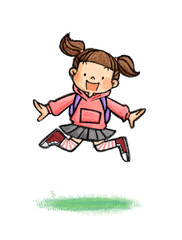 ジャンプする子供B_4（小学生、リュックサック、女の子）