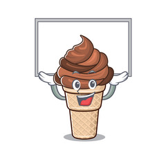 Happy cartoon character of chocolate ice cream raised up board