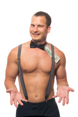 close-up, cheerful male waiter with a bare torso, waiting for money for services