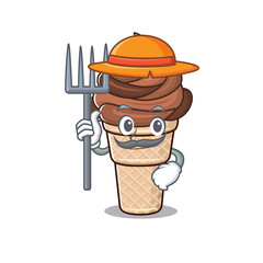 Chocolate ice cream in Farmer cartoon character with hat and pitchfork