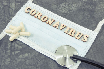 Inscription coronavirus with protective mask, tablets and stethoscope. Novel Chinese coronavirus....