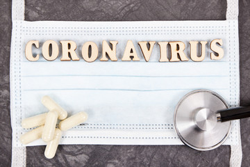 Inscription coronavirus with protective mask, tablets and stethoscope. Novel coronavirus. 2019-nCoV