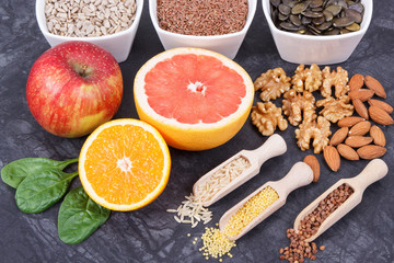 Fruits, vegetables and ingredients as best food for healthy thyroid. Natural eating containing vitamins
